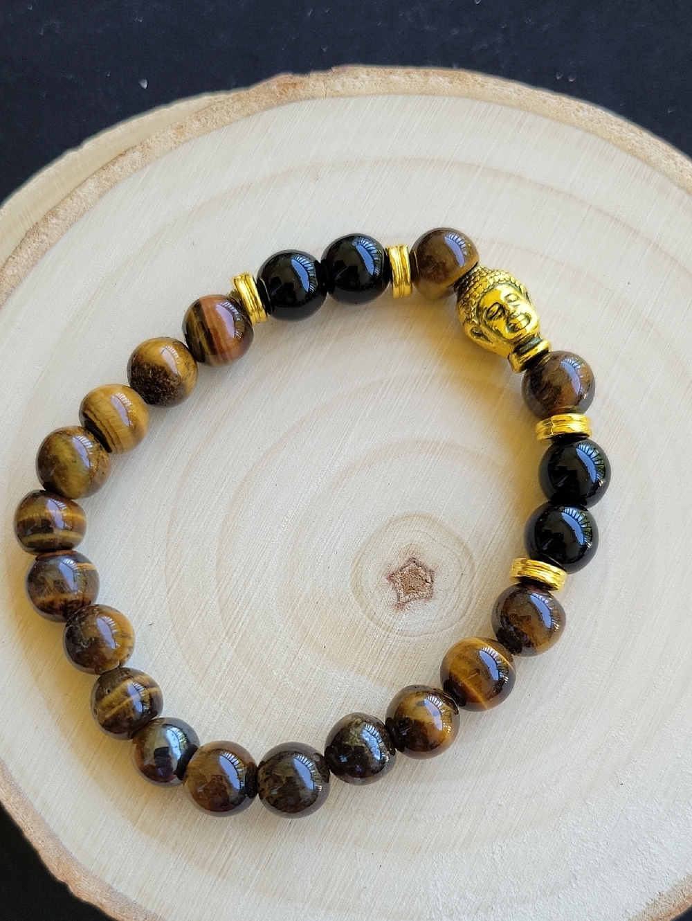 Tiger Eye & Black Bead Stretch Bracelet with Buddha Gold Accent 8"
